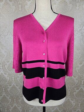 Moda Seta Size Medium Pink Black Striped Cardigan Button Up Vneck Short Sleeve